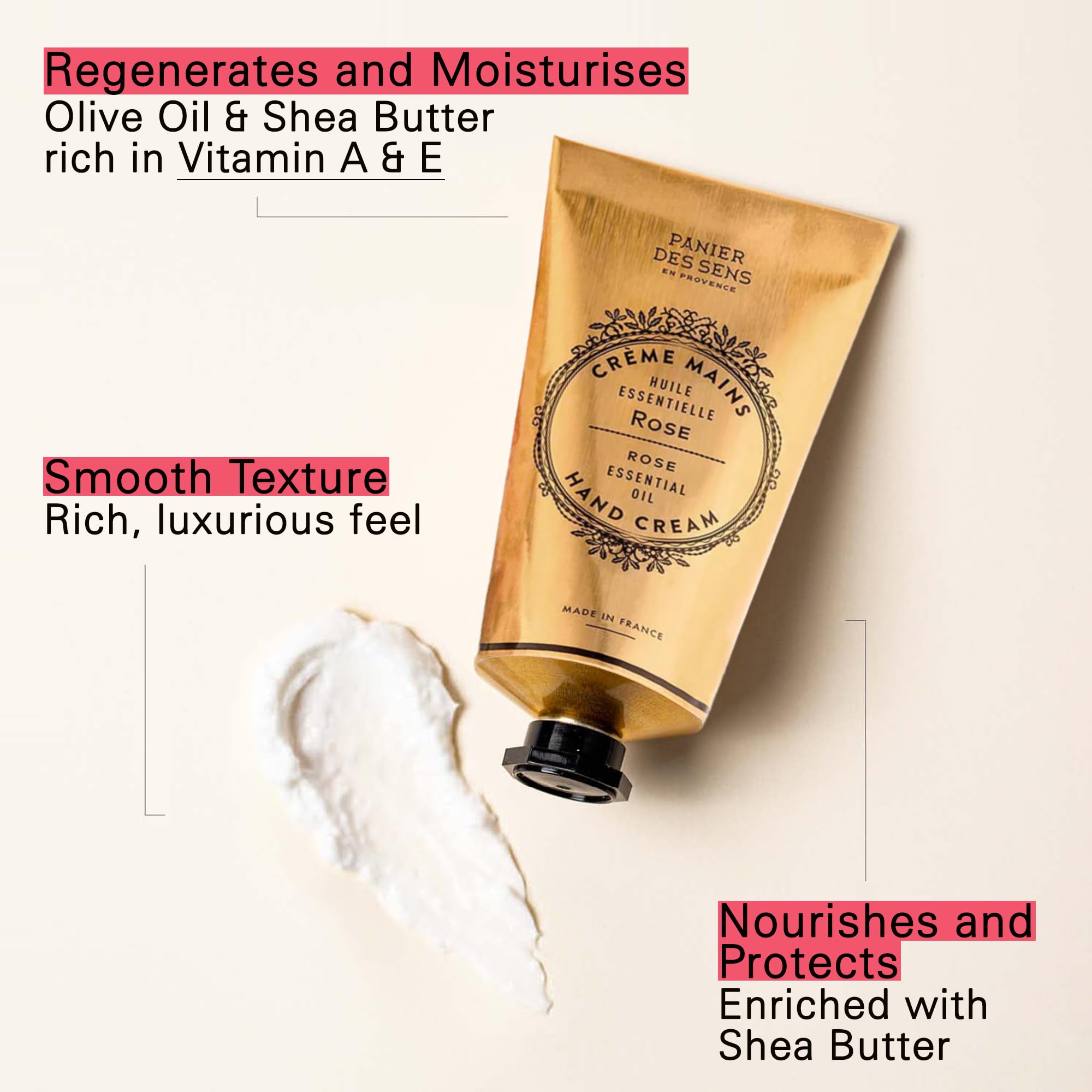Panier des Sens crema manos rosa, aplicación rápida que se absorbe sin residuo.