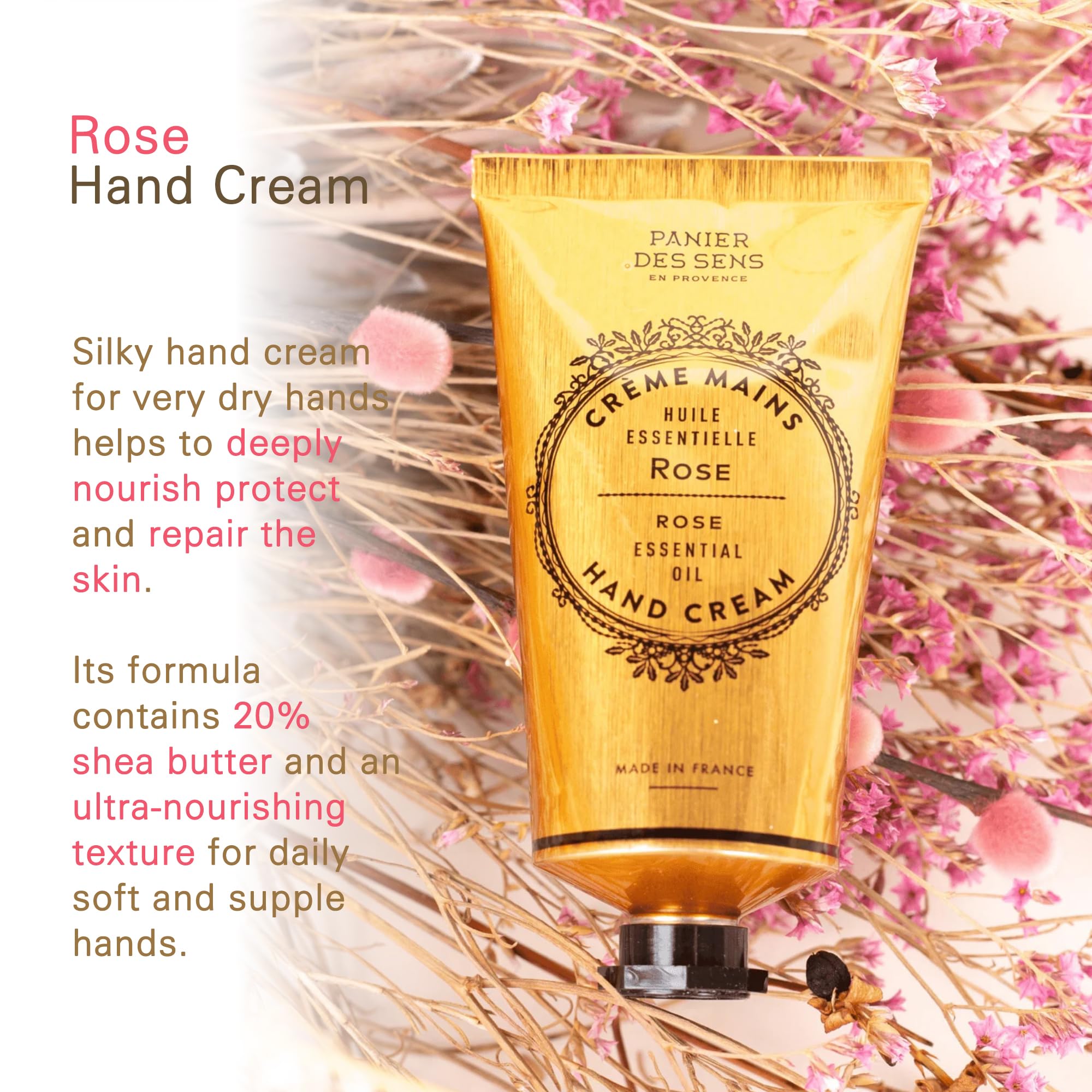 Panier des Sens crema manos rosa, envase de 75 ml para uso diario.