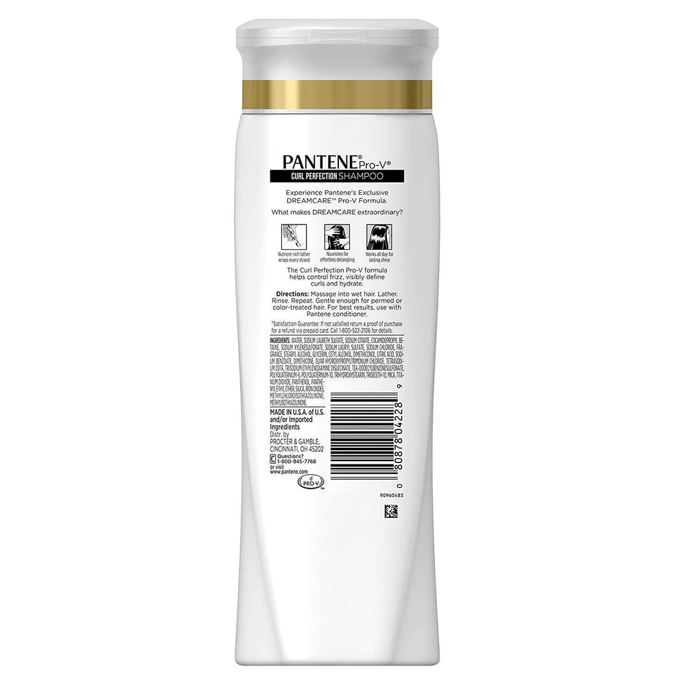Pantene Pro-V Curly Perfection Shampoo lathering in hands, nourishes curls from root to tip