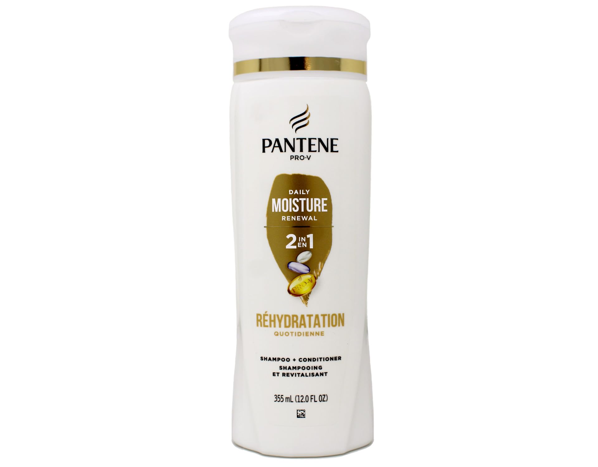 Pantene Pro-V Daily Moisture Renewal 2 en 1, botella; hidratación profunda y suavidad.