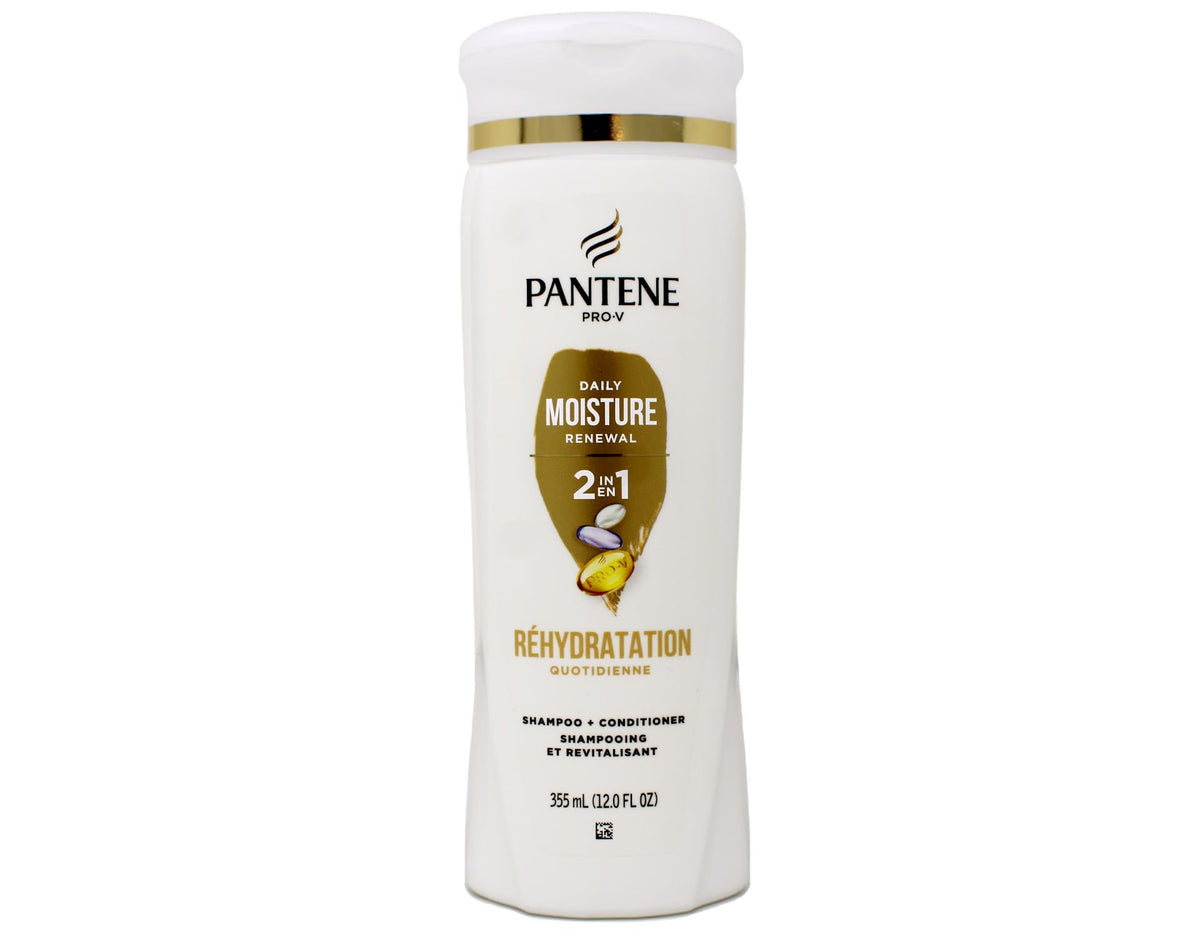 Pantene Pro-V Daily Moisture Renewal 2 en 1, botella; hidratación profunda y suavidad.