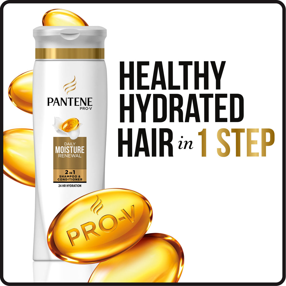 Pantene Pro-V Daily Moisture Renewal, peinado desenredando suavemente, cabello menos enredado.
