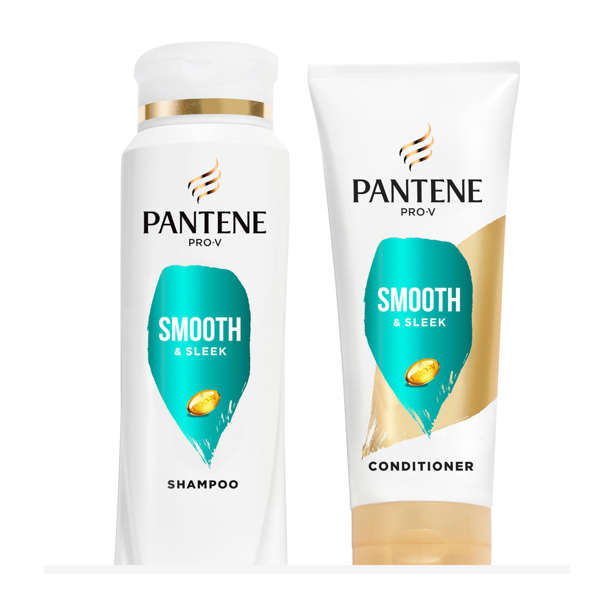 Pantene Pro-V Smooth champú botella muestra cuerpo ligero y brillo natural.