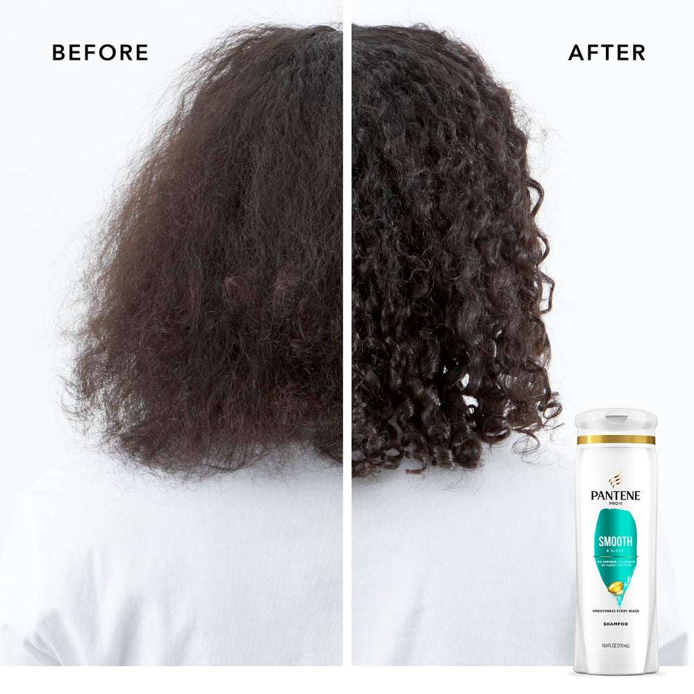 Pantene Pro-V Smooth embalaje detalle etiqueta, envase claro y dosis fácil.