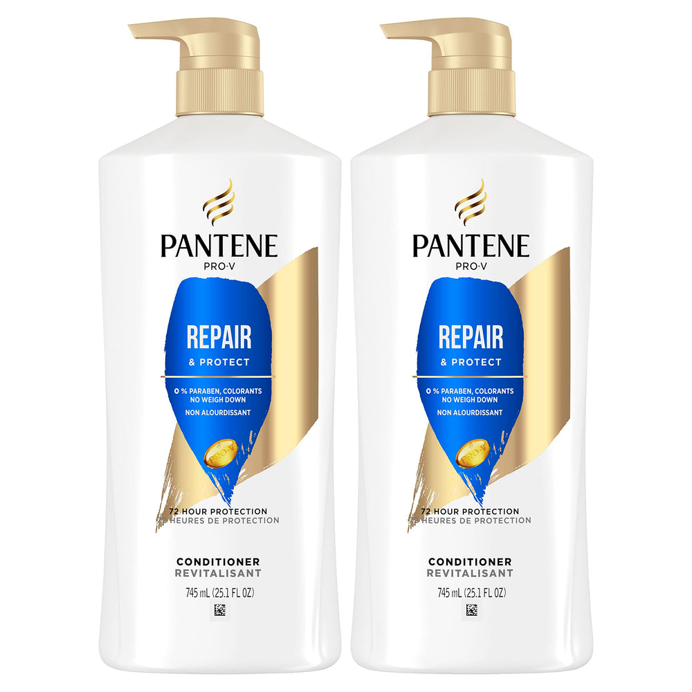 Pantene Repair & Protect conditioner bottle with Pro-V strengthens hair against damage.