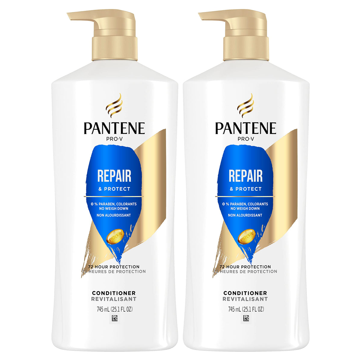 Pantene Repair & Protect conditioner bottle with Pro-V strengthens hair against damage.