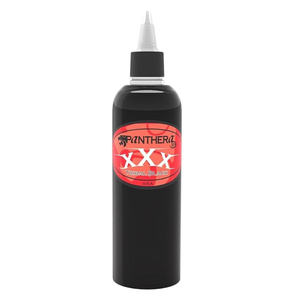 Panthera Tattoo Ink XXX Tribal Black, bouteille de 150 ml pour remplissage profond et traits nets.