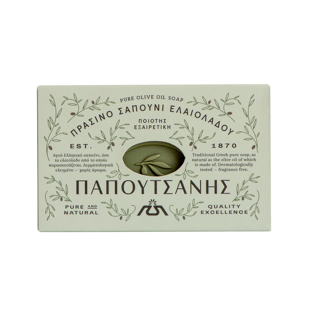 Empaque de Papoutsanis con jabón de Castilla dentro de una caja.