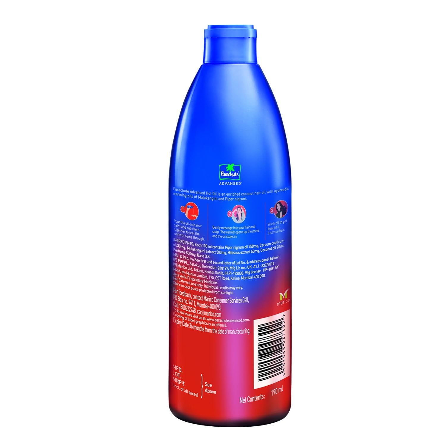 Parachute Advansed Aceite Ayurveda, envase práctico para uso diario.