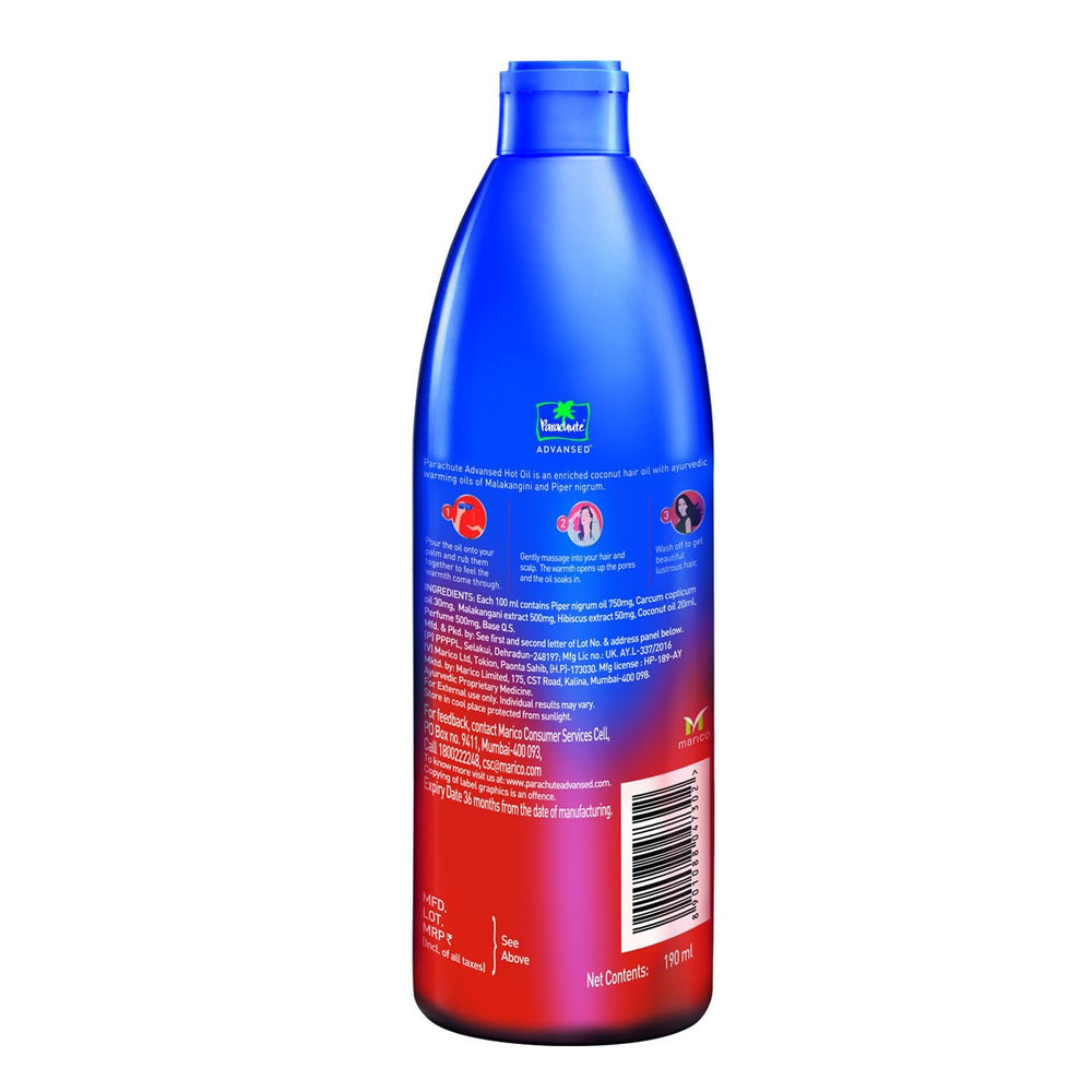 Parachute Advansed Aceite Ayurveda, envase práctico para uso diario.
