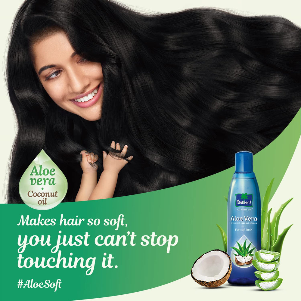 Parachute Advansed Aloe Vera Enriquecido Aceite Coco Cabello Aplicación en Manos: masaje suave para confort diario.