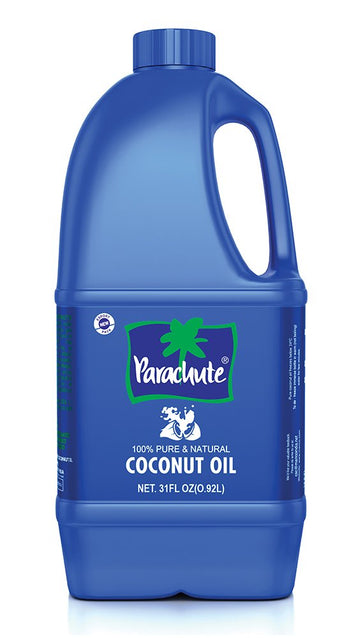 Parachute coconut oil bottle pour shows pure, versatile use in cooking and skin care.