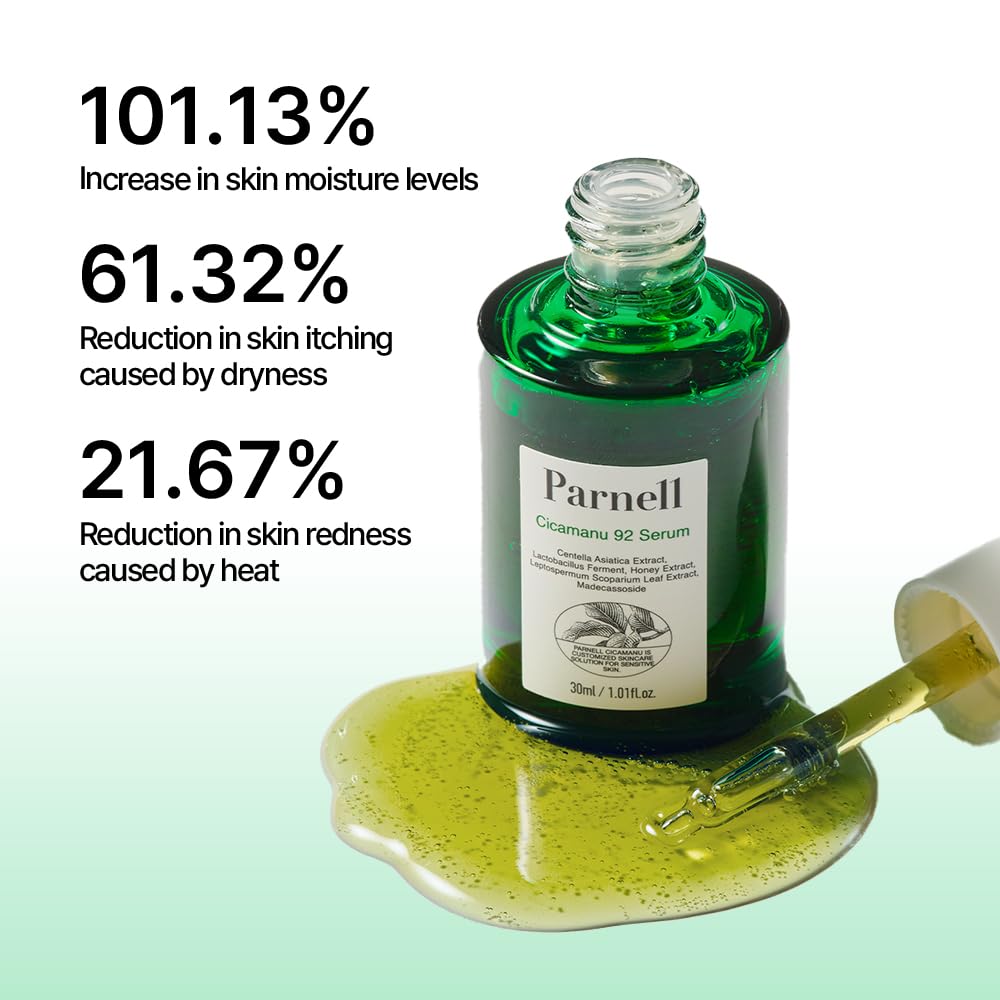 Parnell Cicamanu 92 Suero, textura gel ligera, hidratación rápida sin sensación pegajosa.