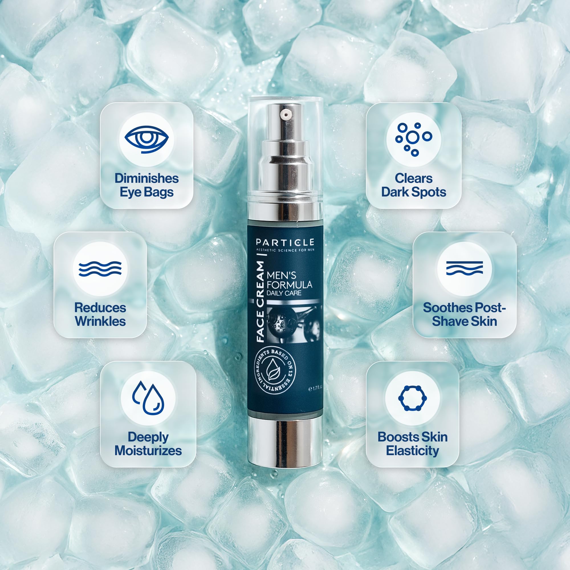 Particle crema para rostro hombre, aplicación suave y absorción rápida.