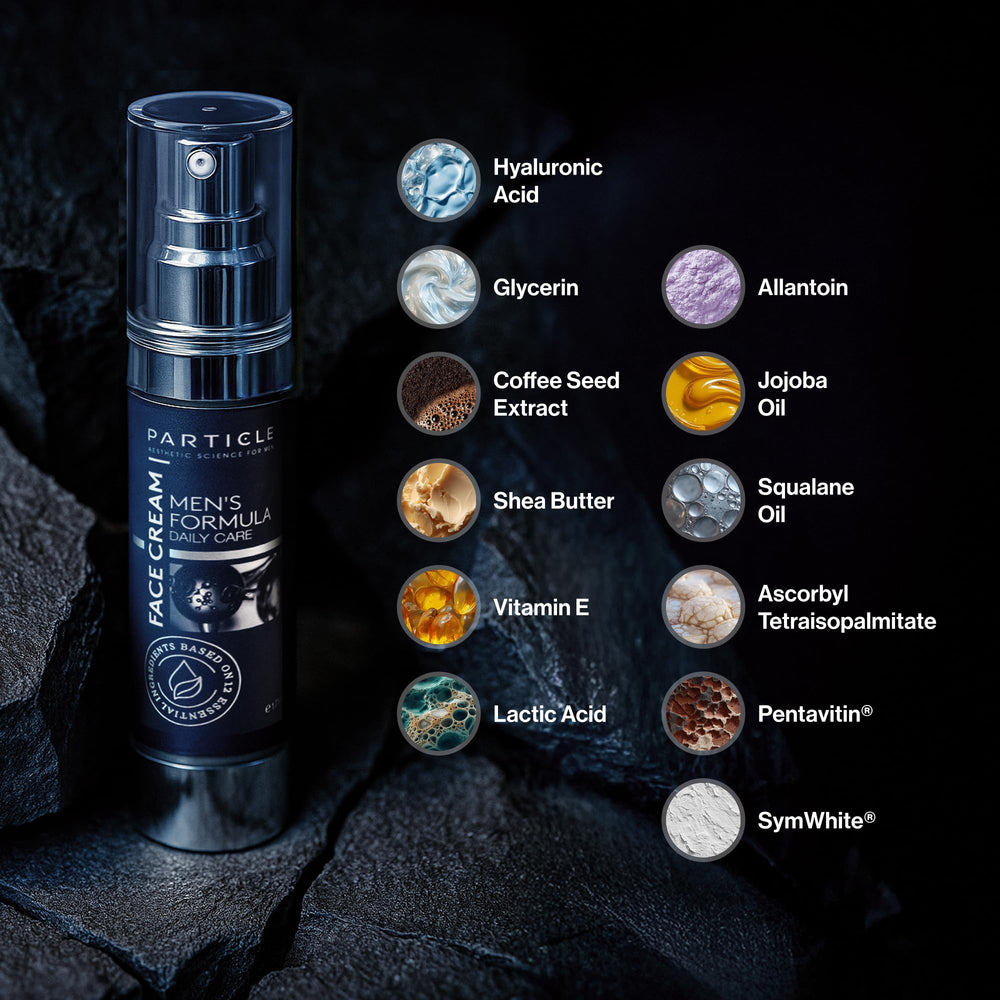 Particle crema rostro hombre con jojoba y ácido hialurónico para hidratación equilibrada.