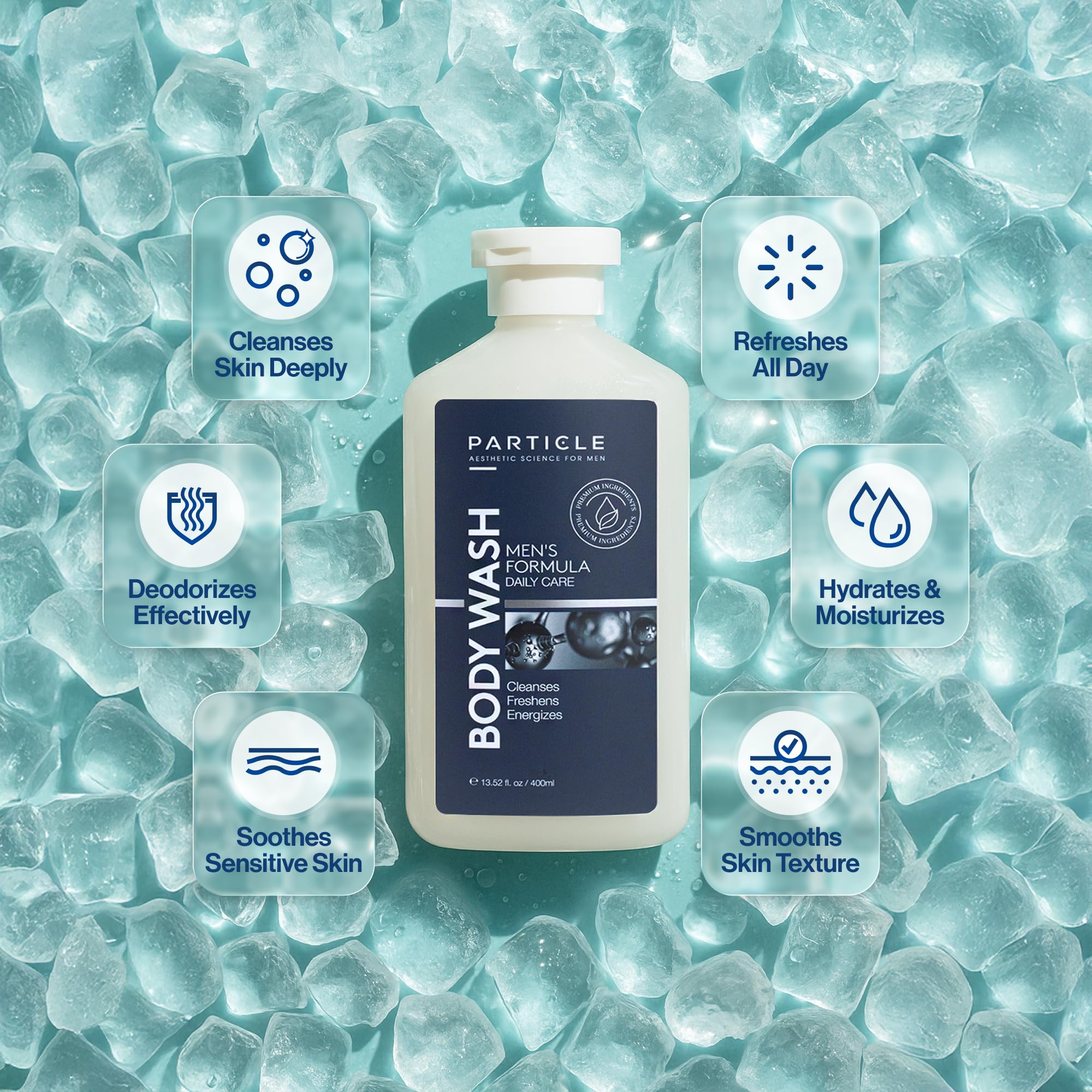 Particle Jabon Ducha aroma cítrico amaderado, frescura masculina cotidiana.