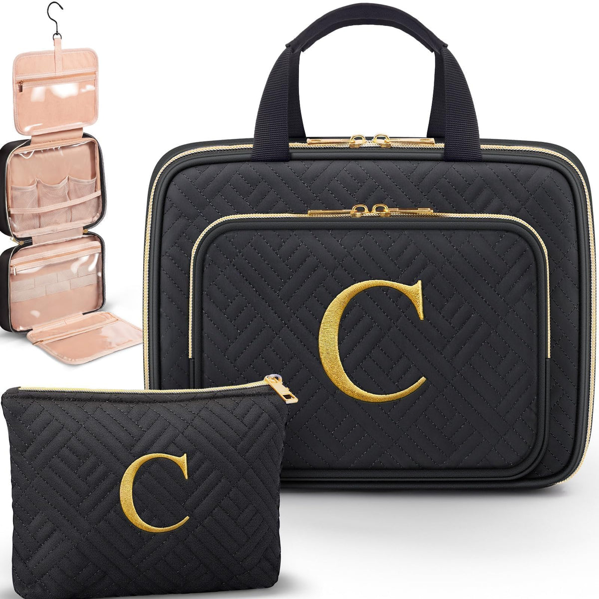 Partylamb bolsa de aseo inicial bordado, organización elegante para viajes.