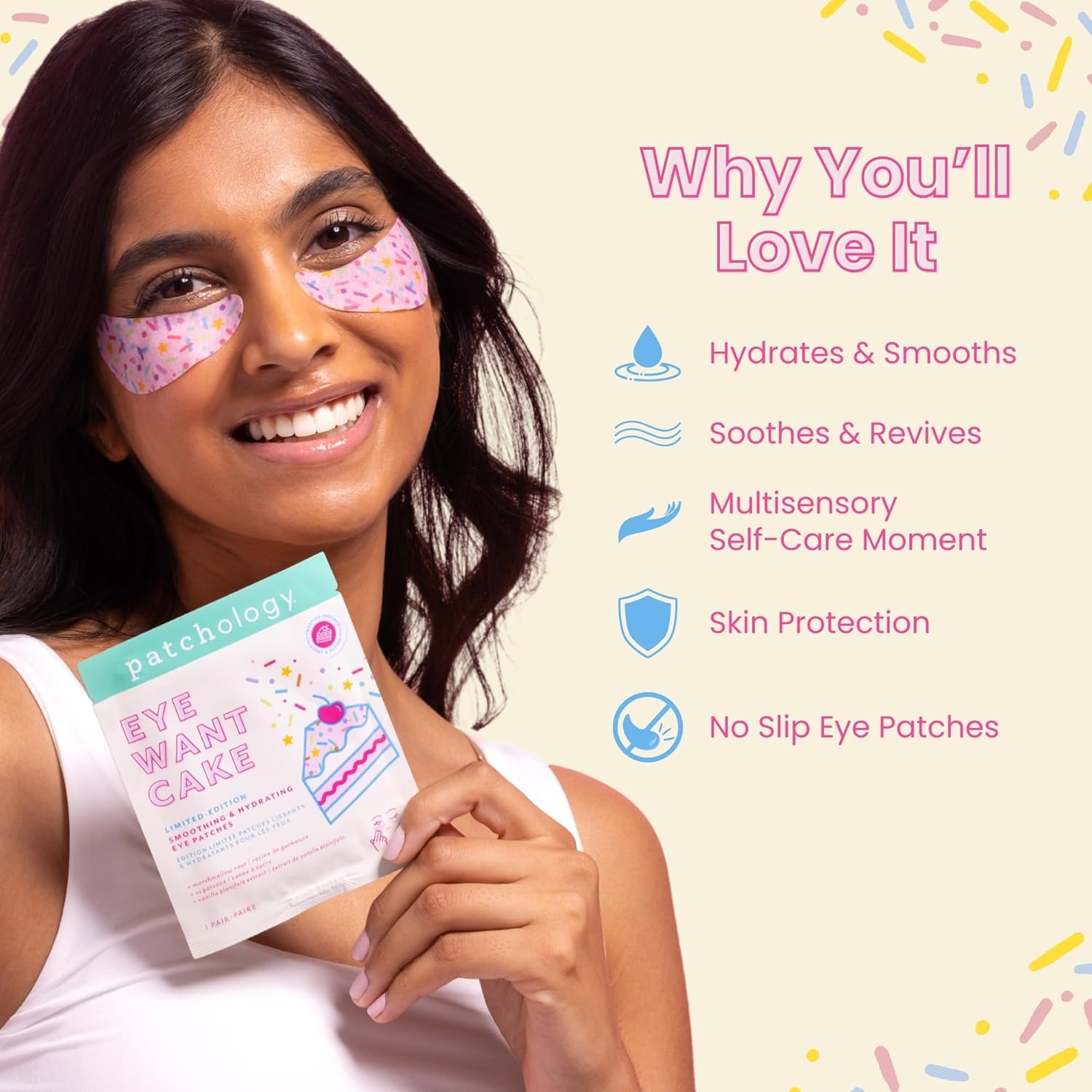 Patchology Gâteau Anniversaire Yeux – extraits vanille et guimauve pour douceur.