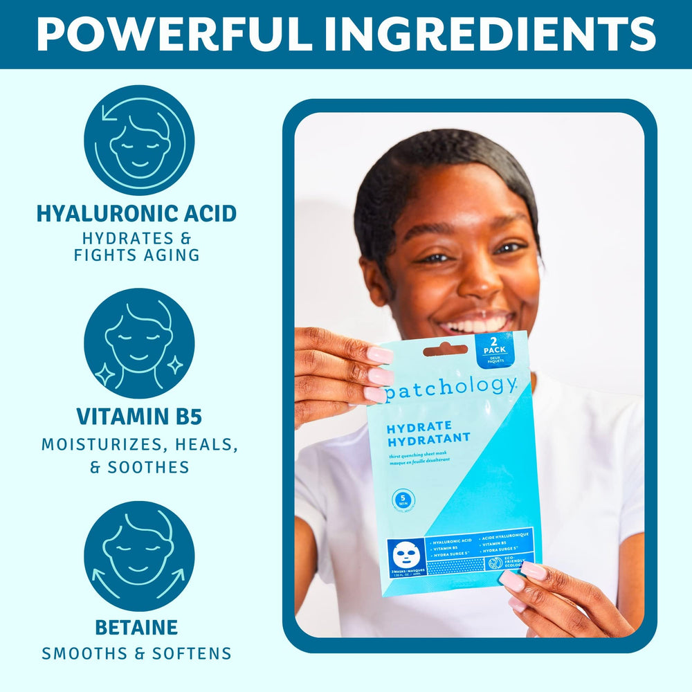 Patchology Hydrate FlashMasque: ácido hialurónico potencia la hidratación profunda.