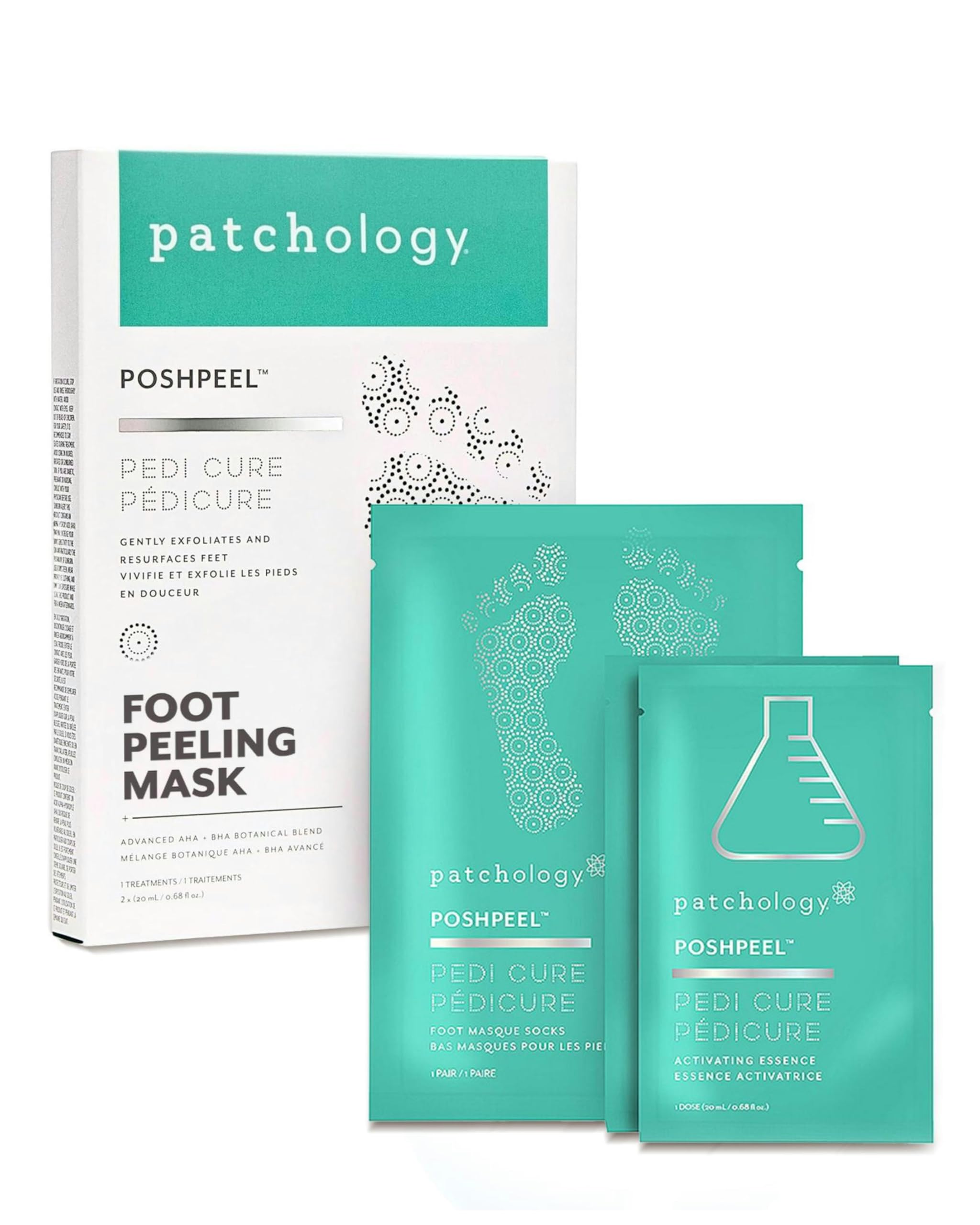 Patchology PoshPeel Pedi Cure, empaque elegante para cuidado de pies en casa