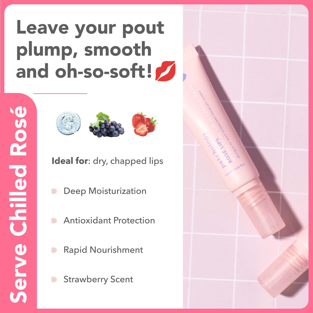 Patchology Rosé Lip Sleeping Mask, aplicación nocturna, suaviza labios al despertar.
