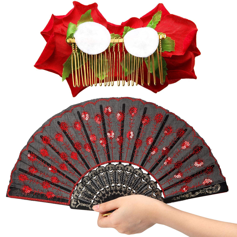 Patelai abanico embordado lentejuelas negro, complemento vintage para fiestas y eventos.