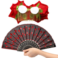 Patelai abanico embordado lentejuelas negro, complemento vintage para fiestas y eventos.