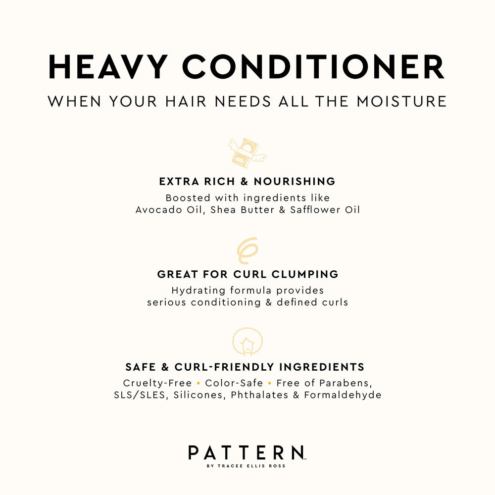 PATTERN acondicionador pesado, aplicación suave en cabello húmedo para desenredar.