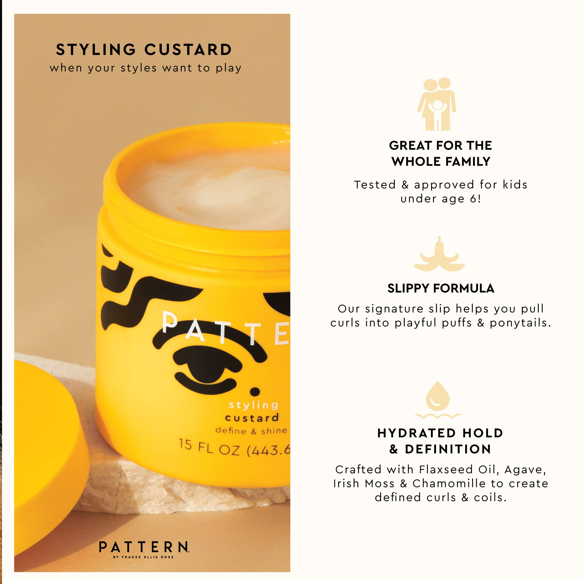 PATTERN Styling Custard, définition-boucles: hydratation et brillance naturelle.