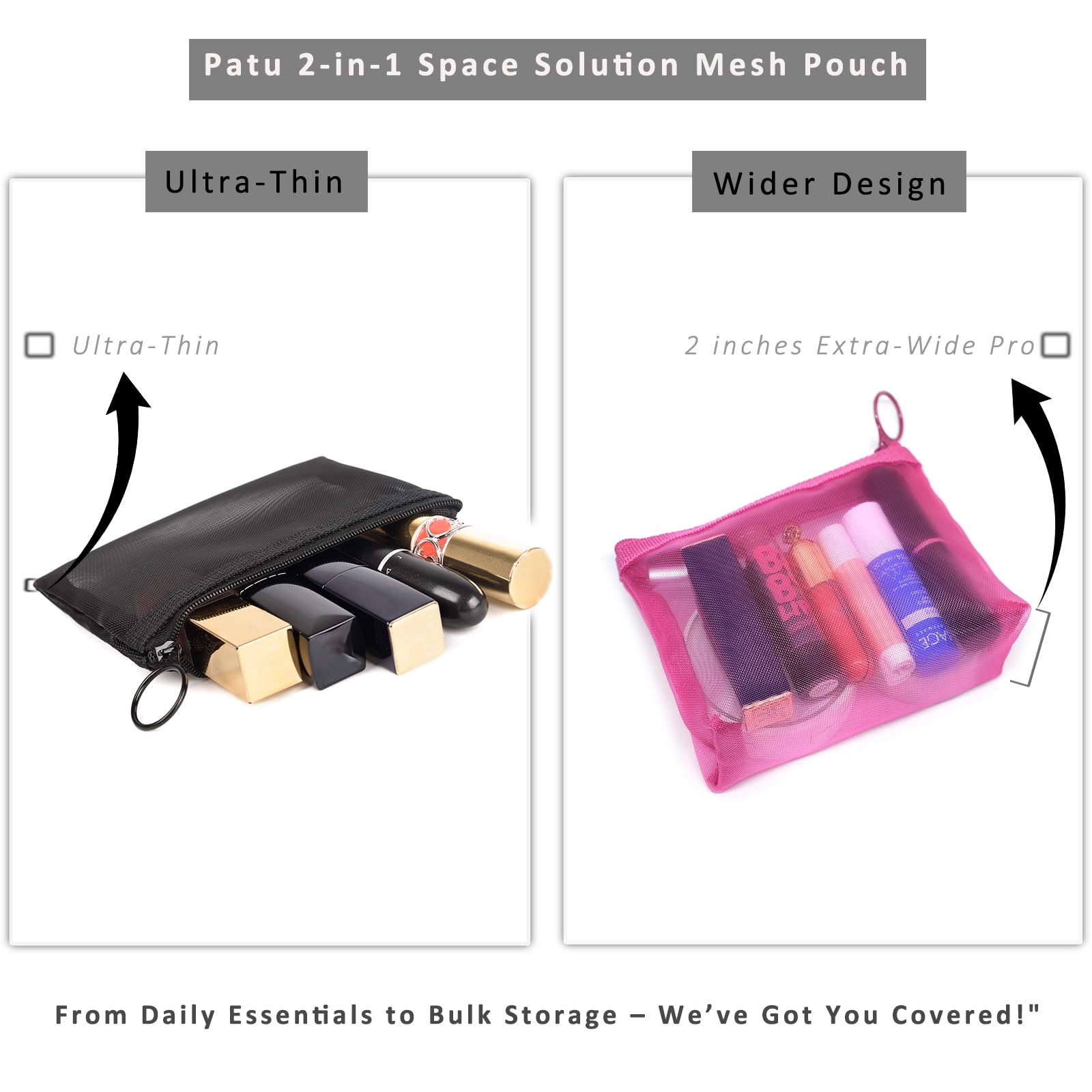 Patu bolsas de malla para maquillaje y cables, usos múltiples en un set.