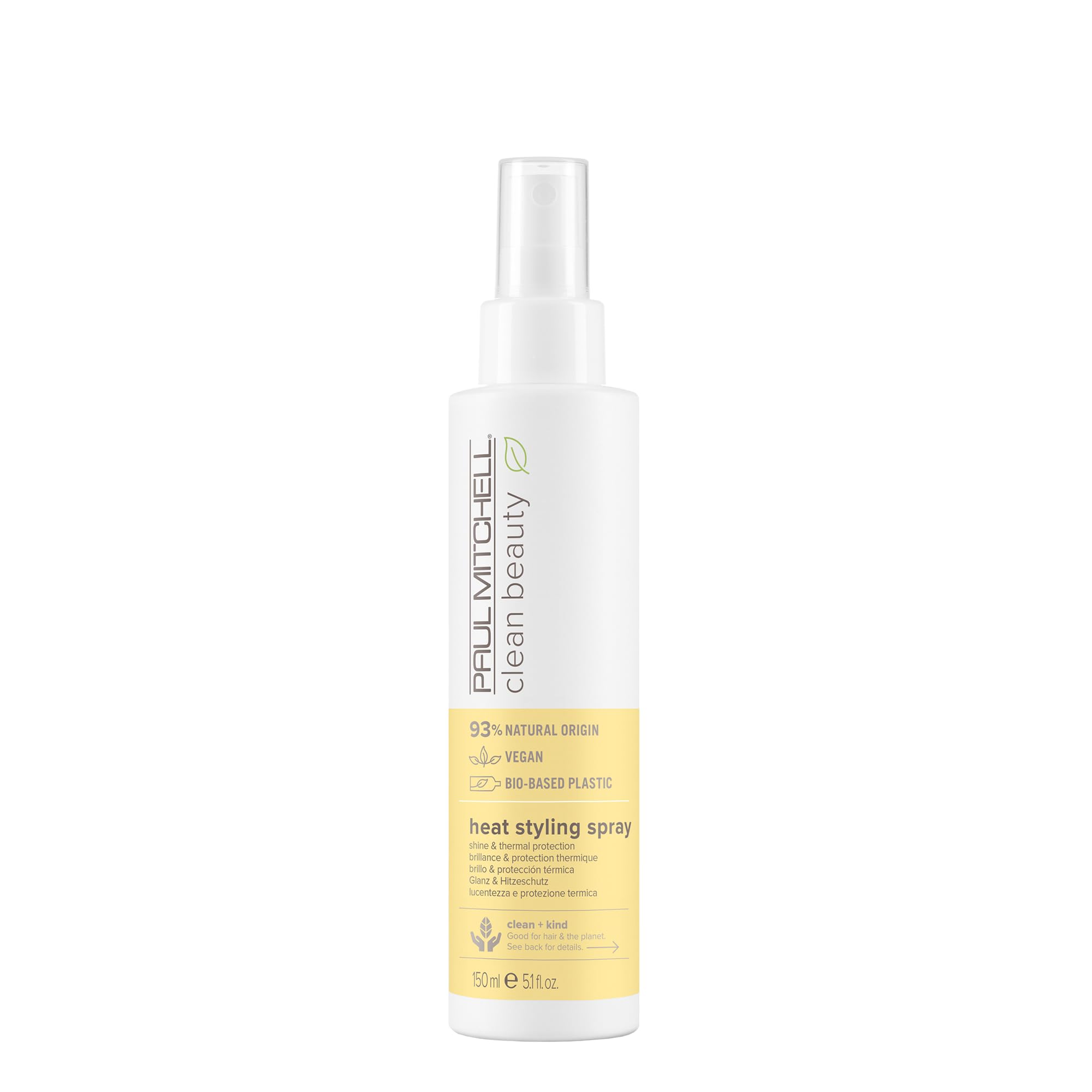 Paul Mitchell Clean Beauty Heat Spray frente a la botella, protección suave y brillo natural.
