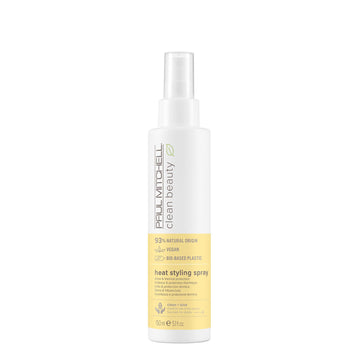 Paul Mitchell Clean Beauty Heat Spray frente a la botella, protección suave y brillo natural.