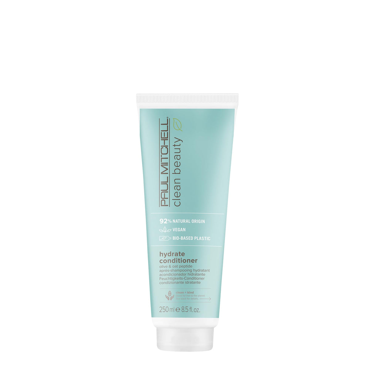 Paul Mitchell Clean Beauty Hydrate: botella frontal, cabello seco hidratado y manejable.
