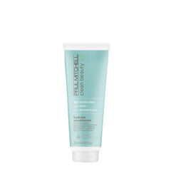 Paul Mitchell Clean Beauty Hydrate: botella frontal, cabello seco hidratado y manejable.