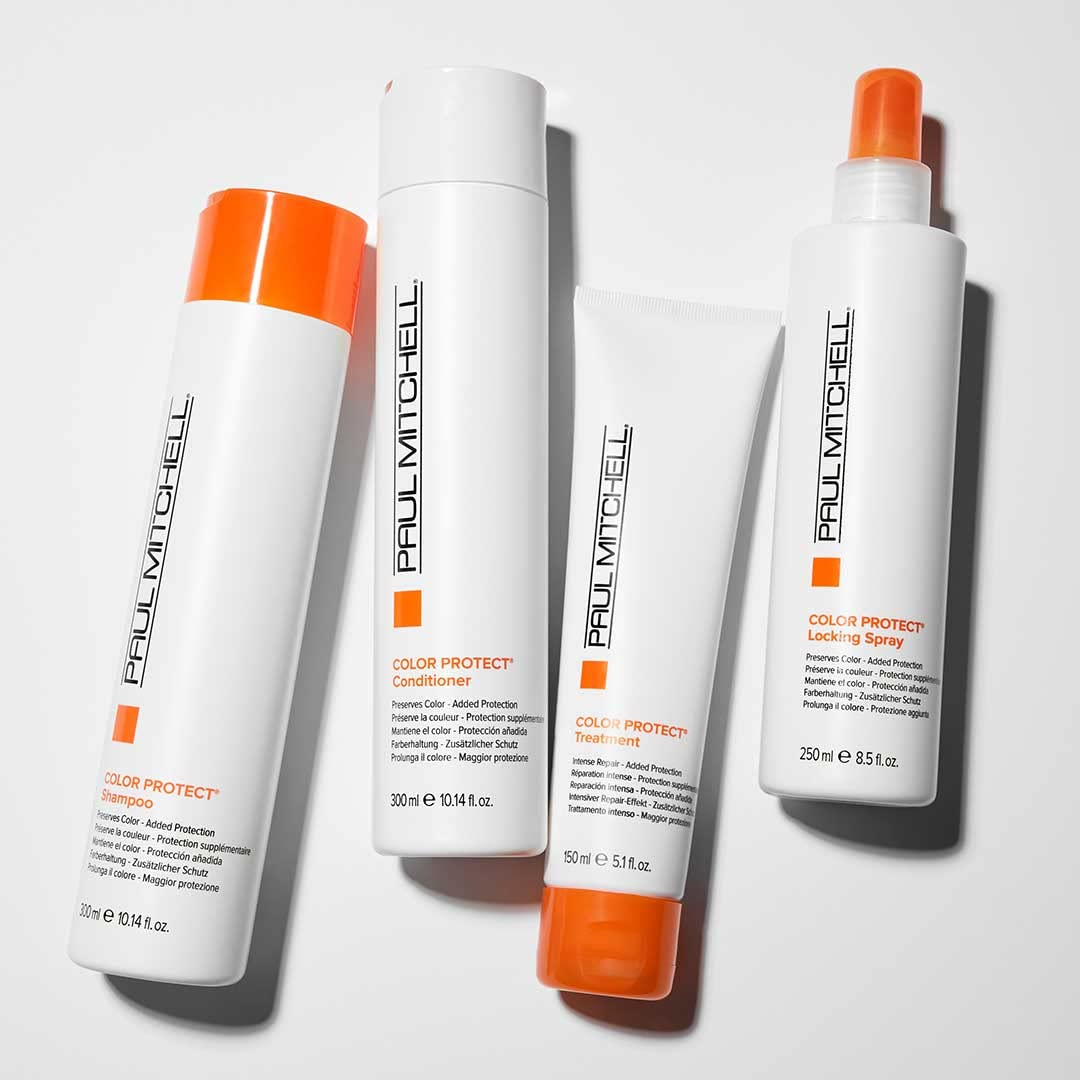 Envase de Paul Mitchell Color Protect hecho con materiales reciclados visibles.