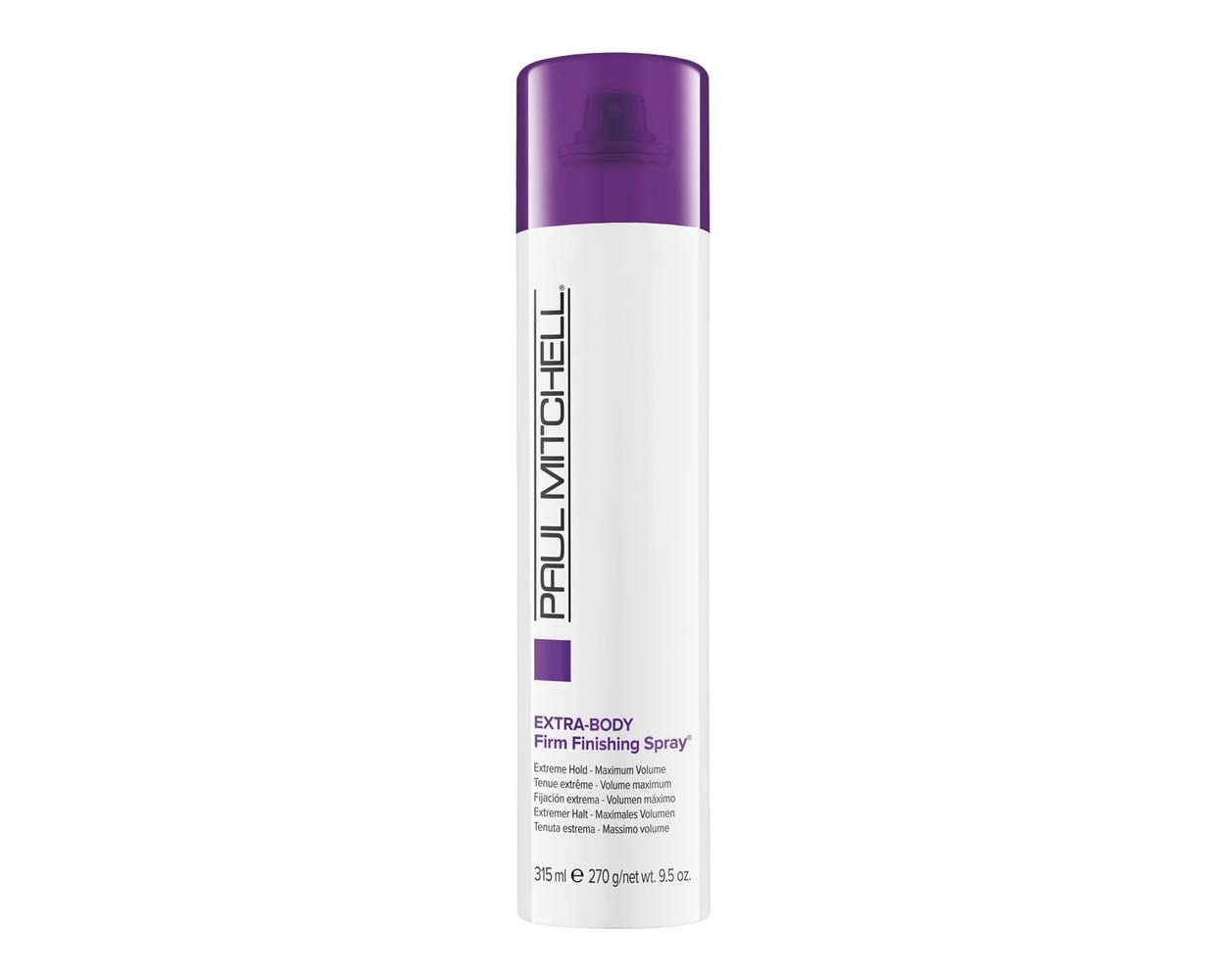 Paul Mitchell Extra-Body Firm Hairspray muestra la botella para fijación duradera y volumen.