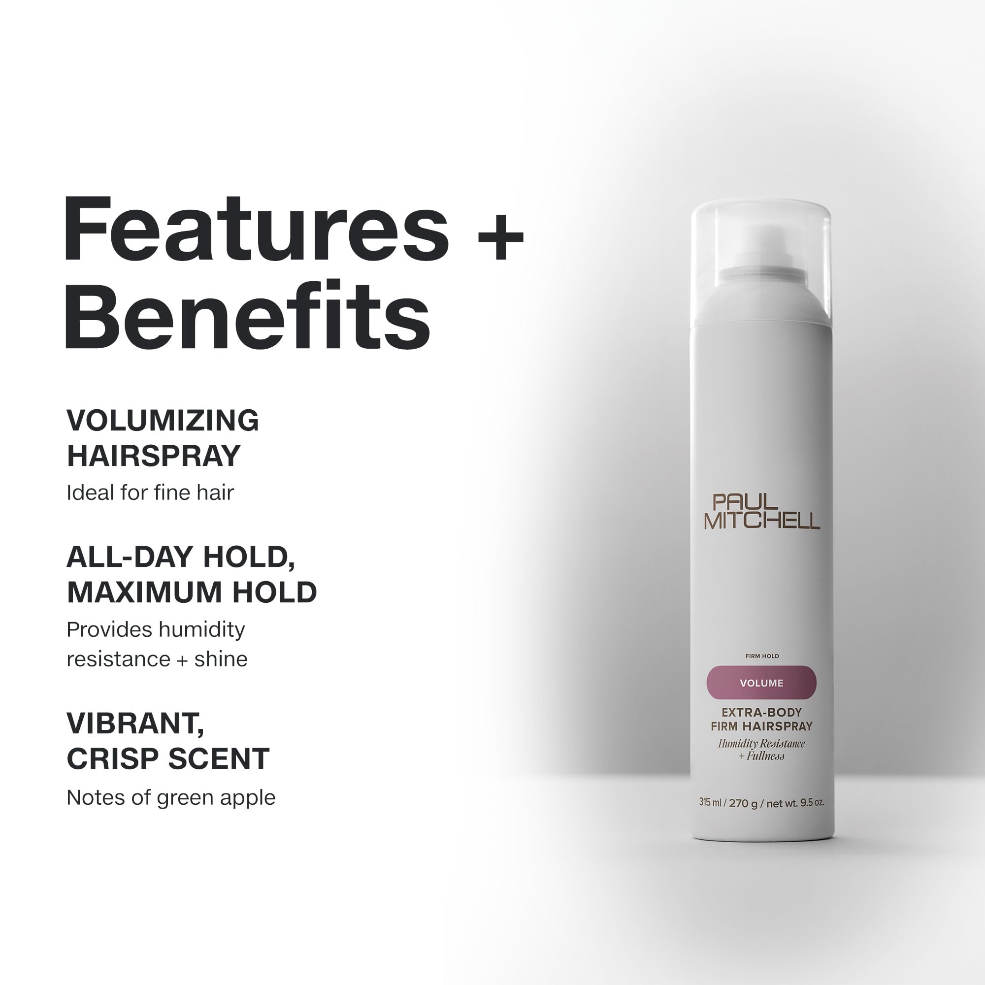 Frasco de Paul Mitchell Extra-Body Firm Hairspray con volumen máximo para cabellos finos.