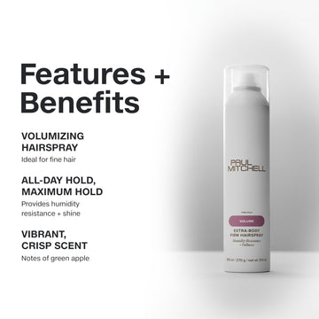 Frasco de Paul Mitchell Extra-Body Firm Hairspray con volumen máximo para cabellos finos.