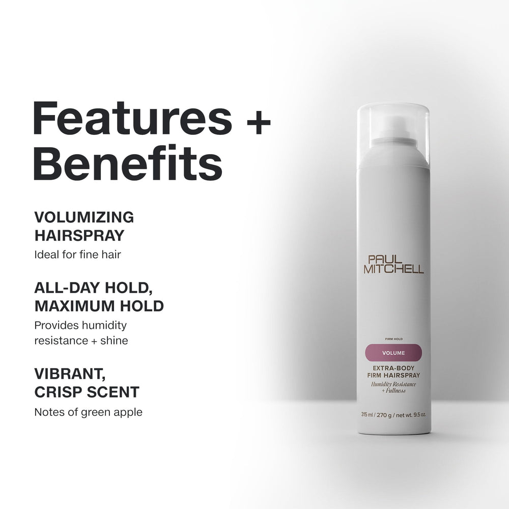 Frasco de Paul Mitchell Extra-Body Firm Hairspray con volumen máximo para cabellos finos.