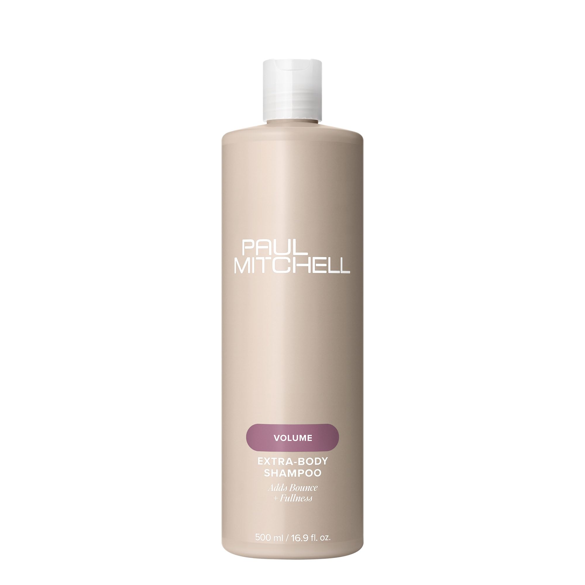 Paul Mitchell Extra-Body Shampoo, vista frontal de la botella, promete volumen