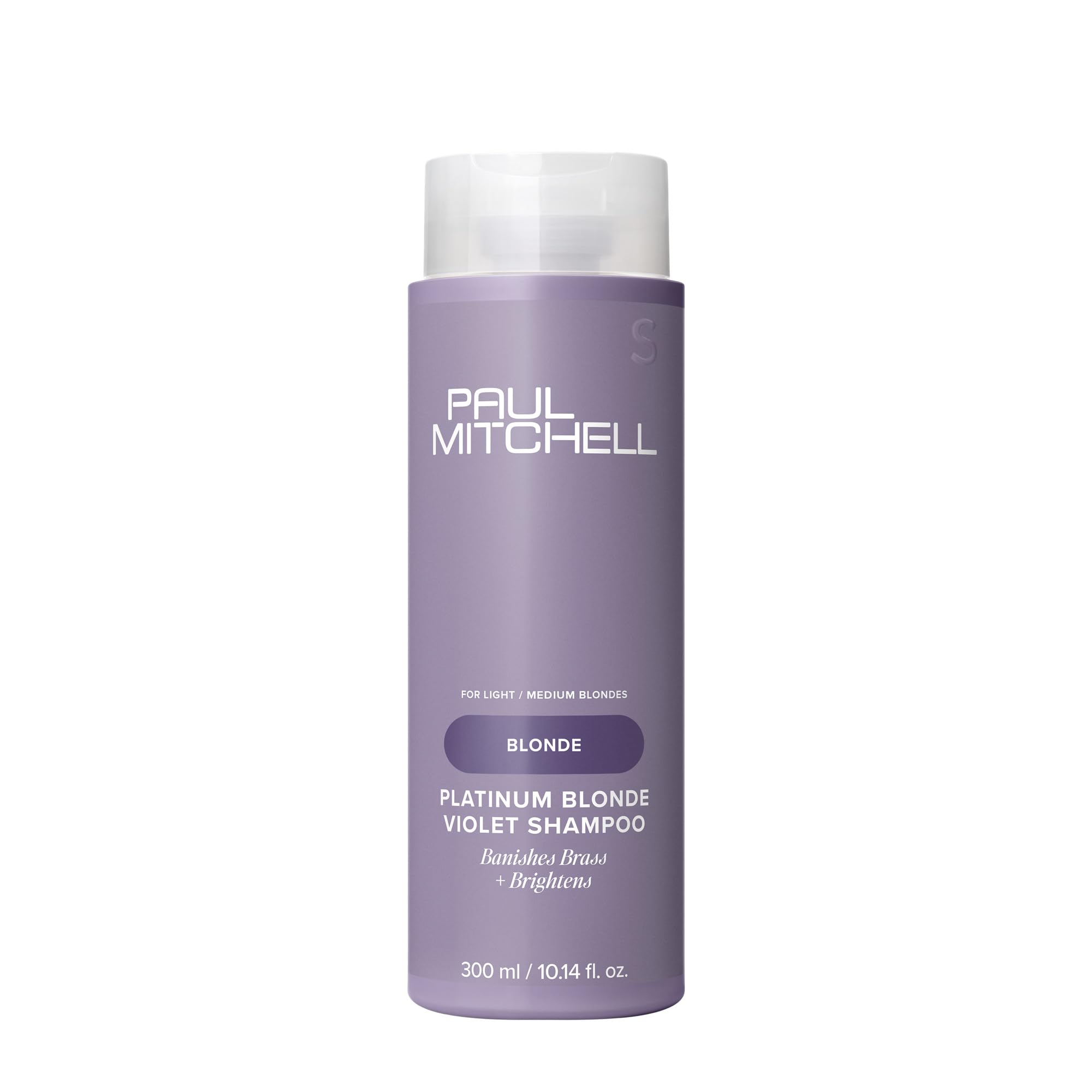 Shampooing violet platine Paul Mitchell dans sa bouteille, neutralise les reflets jaunes.