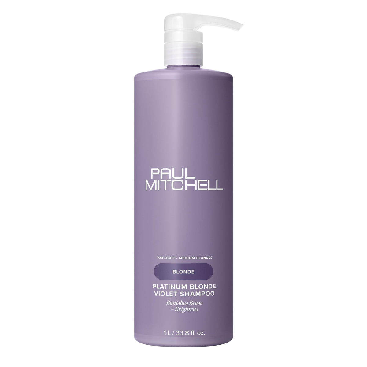 Shampoo violeta Paul Mitchell Rubio Platino en botella, neutraliza tonos amarillentos.