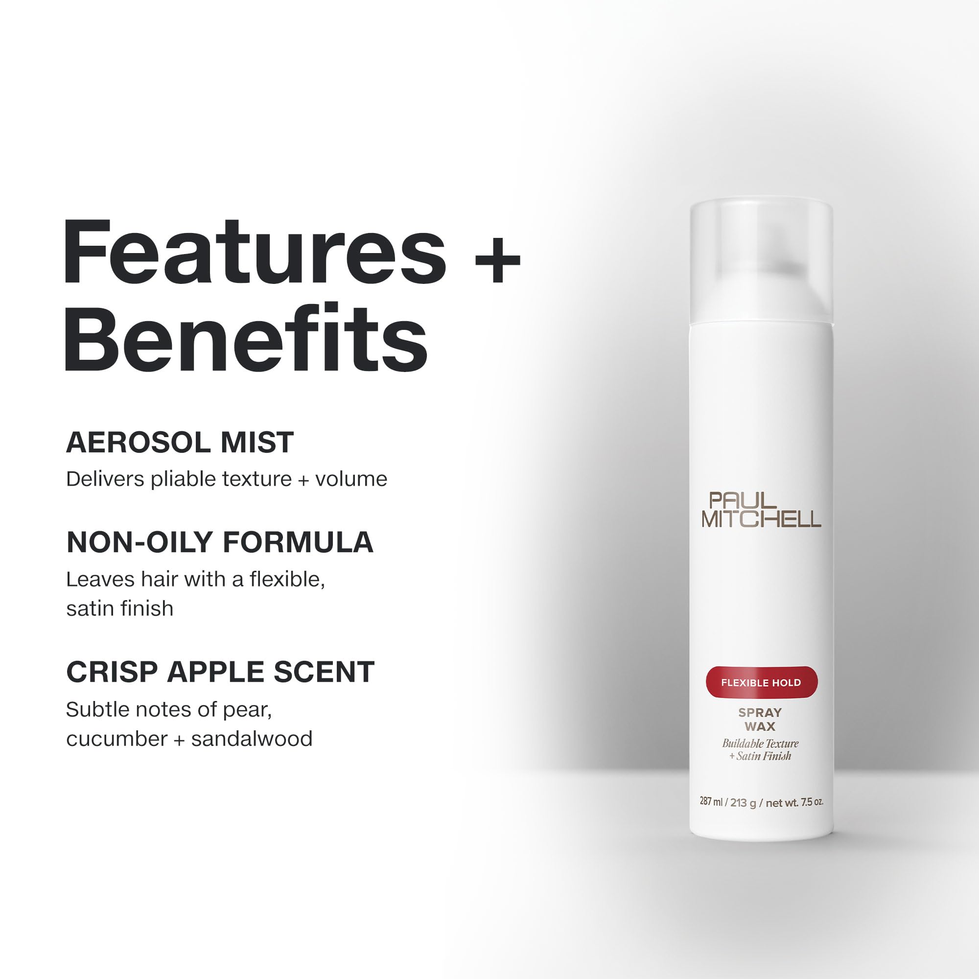 Finition satinée du Paul Mitchell Spray Wax pour un look lisse.