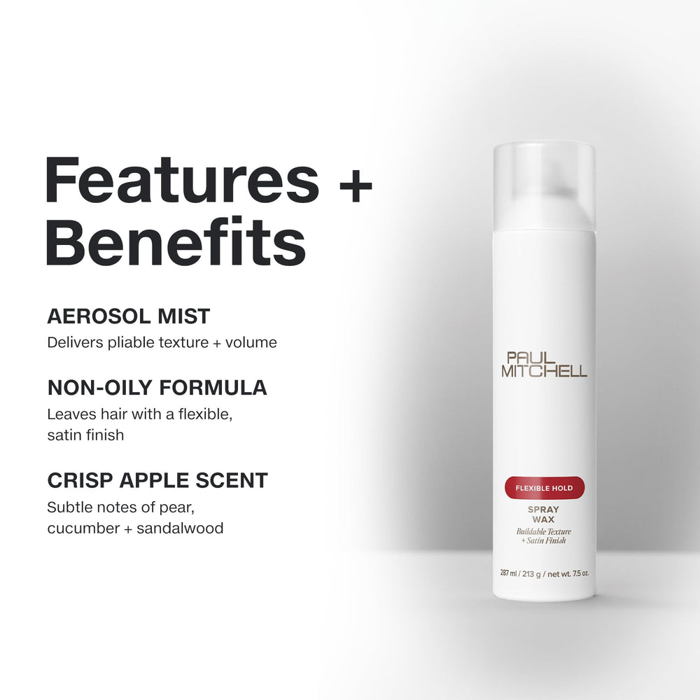 Finition satinée du Paul Mitchell Spray Wax pour un look lisse.