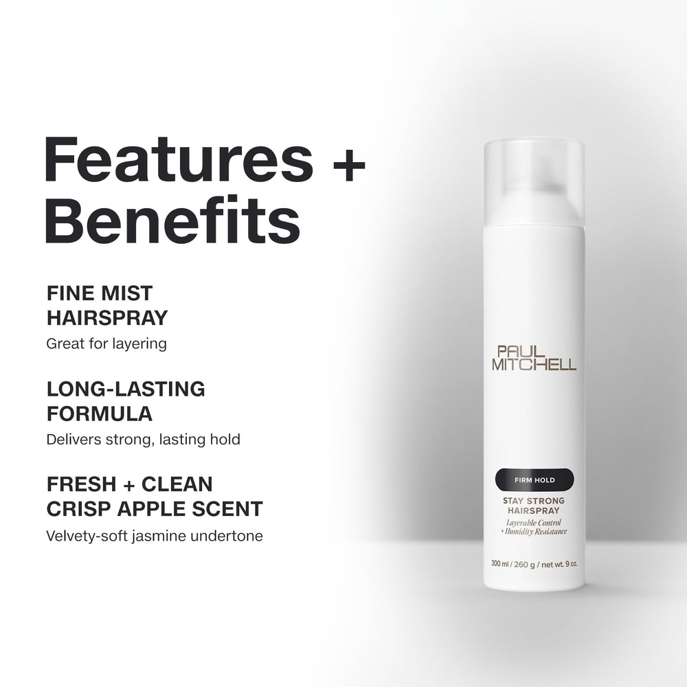Paul Mitchell Stay Strong Hairspray : application sur cheveux pour une tenue longue durée.