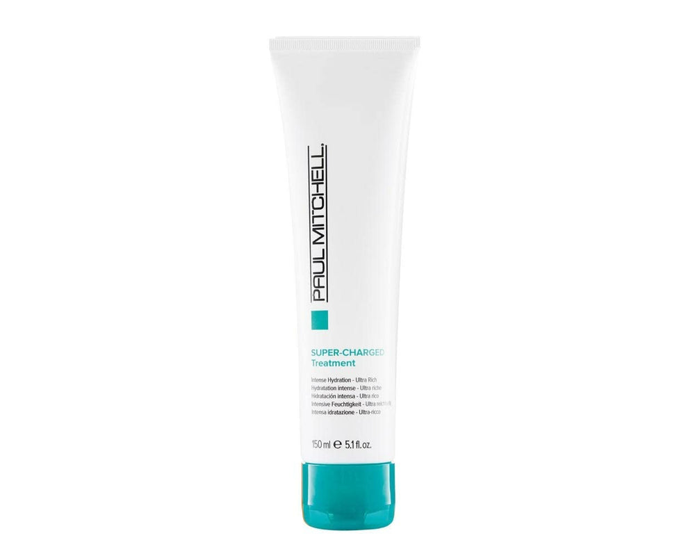 Botella de Paul Mitchell Super-Charged Treatment mostrando el empaque para cabello seco.