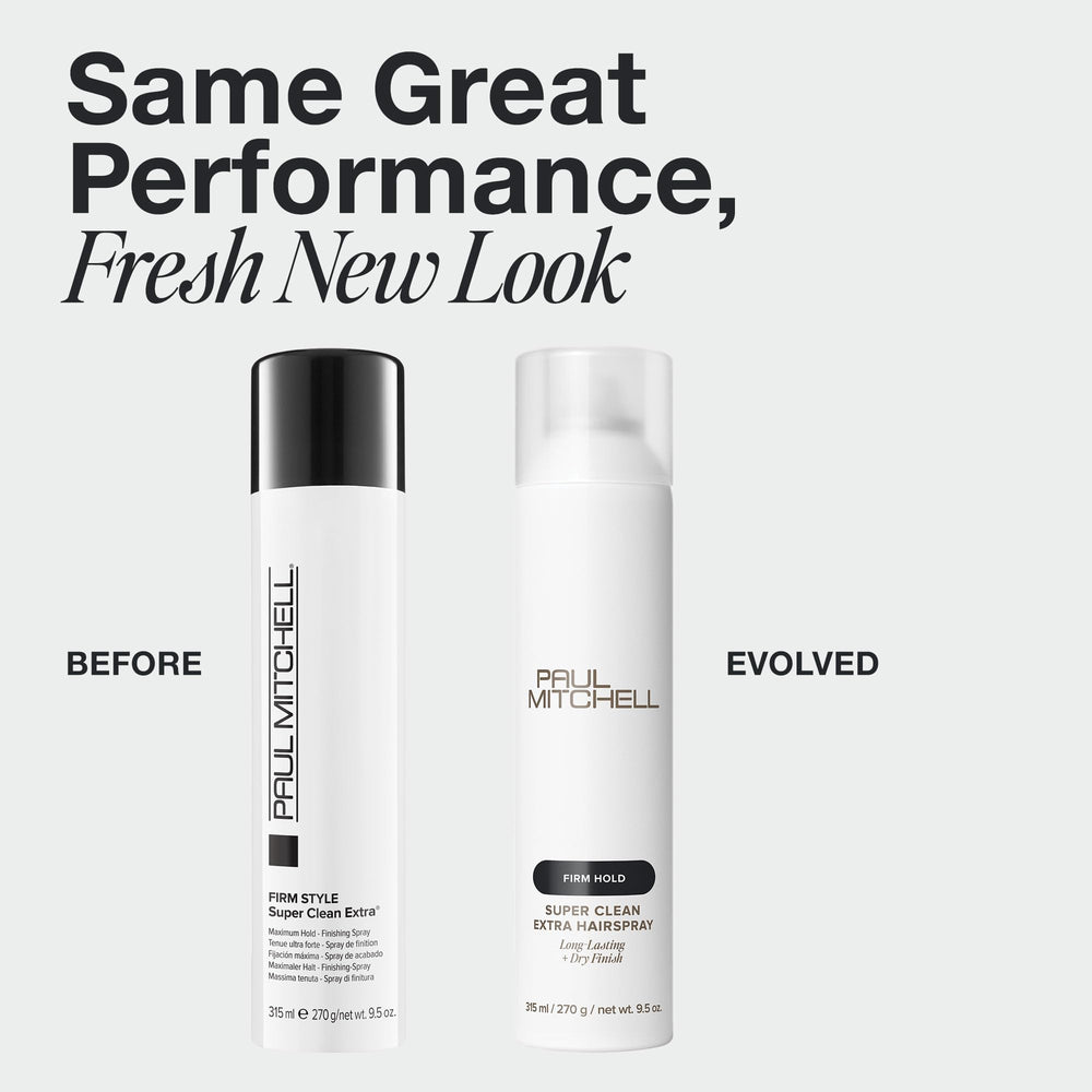 Étiquette Paul Mitchell Super Clean Extra Hairspray sur l’emballage, clair et identifiable