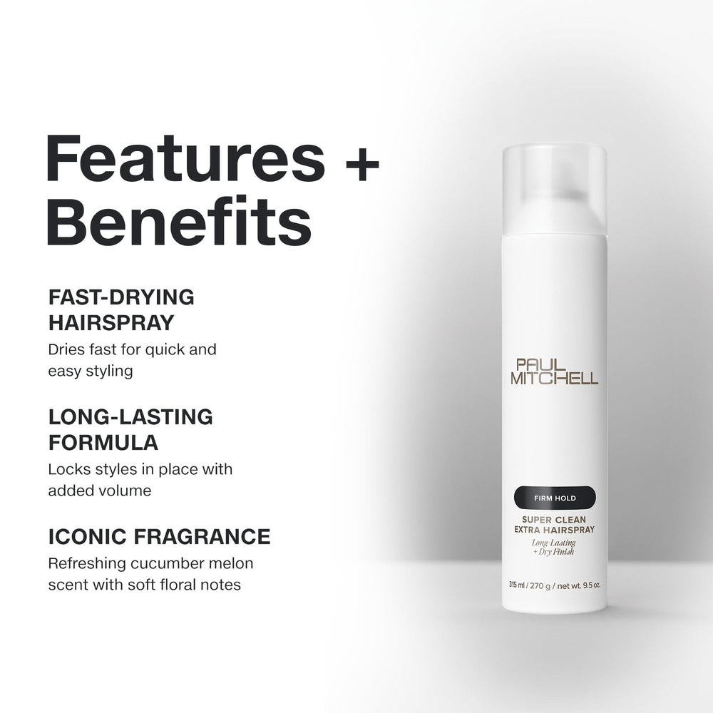 Jet de brume uniforme pour une finition nette avec Paul Mitchell Super Clean Extra Hairspray