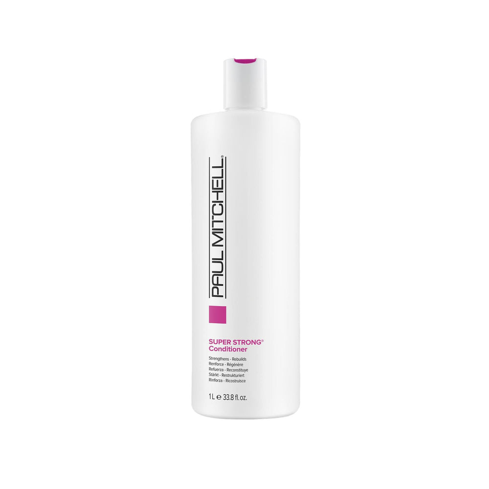 Paul Mitchell Super Strong Conditioner: botella visible, fortalecimiento para cabello dañado.