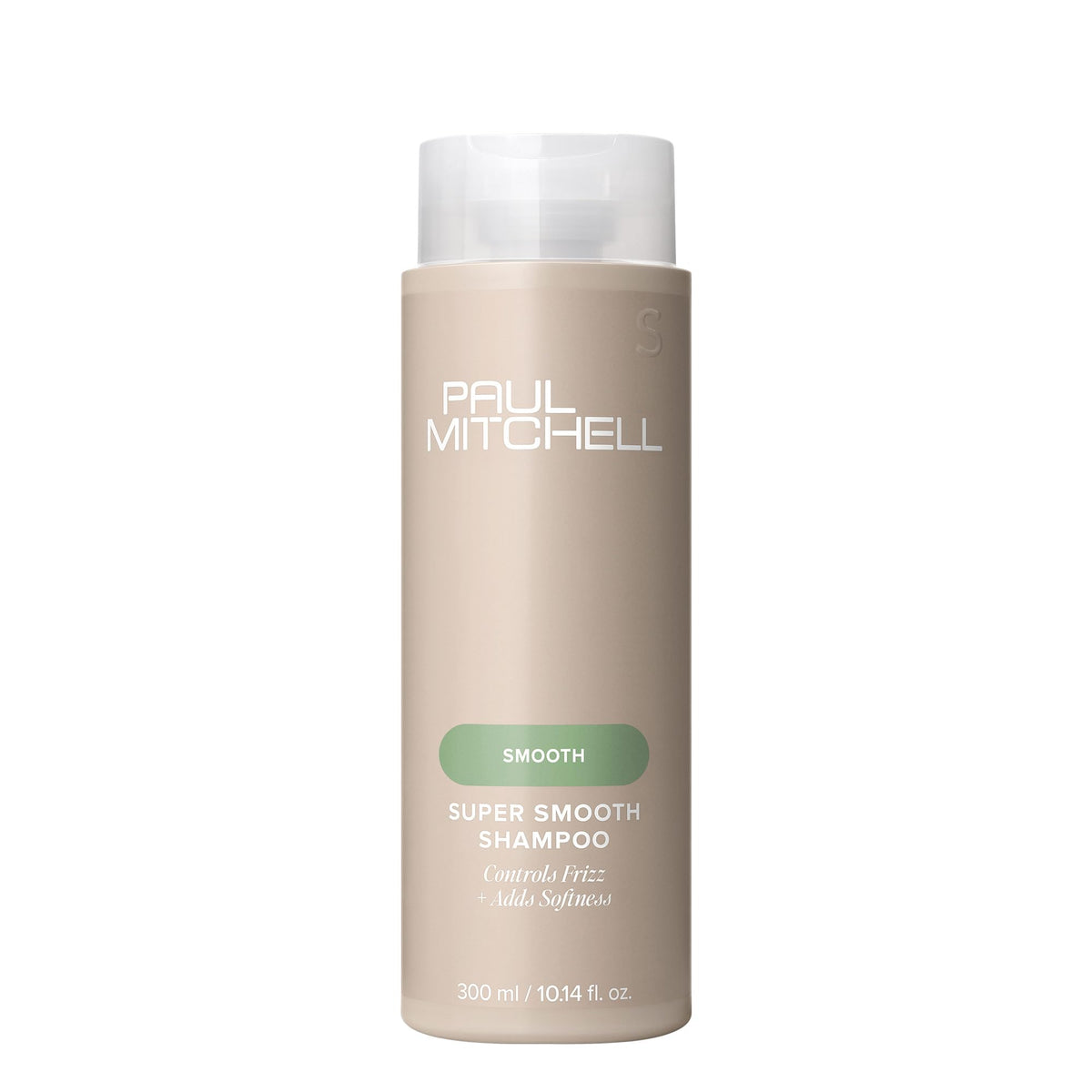Detalle de la botella de Paul Mitchell Super Smooth Shampoo con diseño elegante